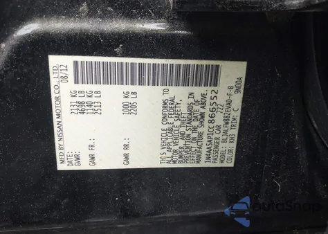 2012 Nissan Maxima S/Sv z USA, uszkodzony, nr VIN 1N4AA5AP1CC866552